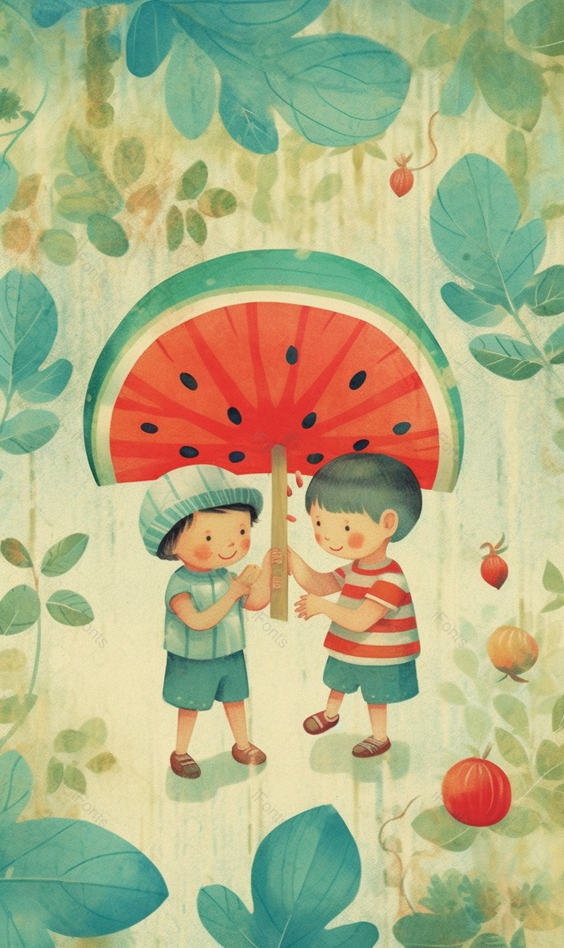 水果西瓜雨伞萌娃玩耍儿童节创意插画素材壁纸,插画/手绘图,插画/手绘图库,插画/手绘图下载,插画/手绘